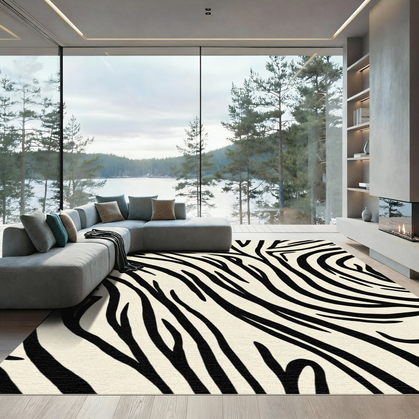 Striking Black Ivory Tiger Ripples Rug