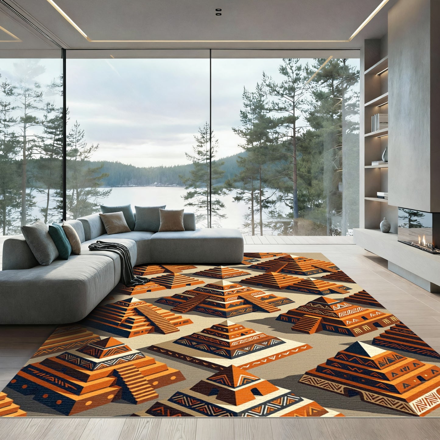 Geometric Terracotta Mayan Step Pyramid Rug