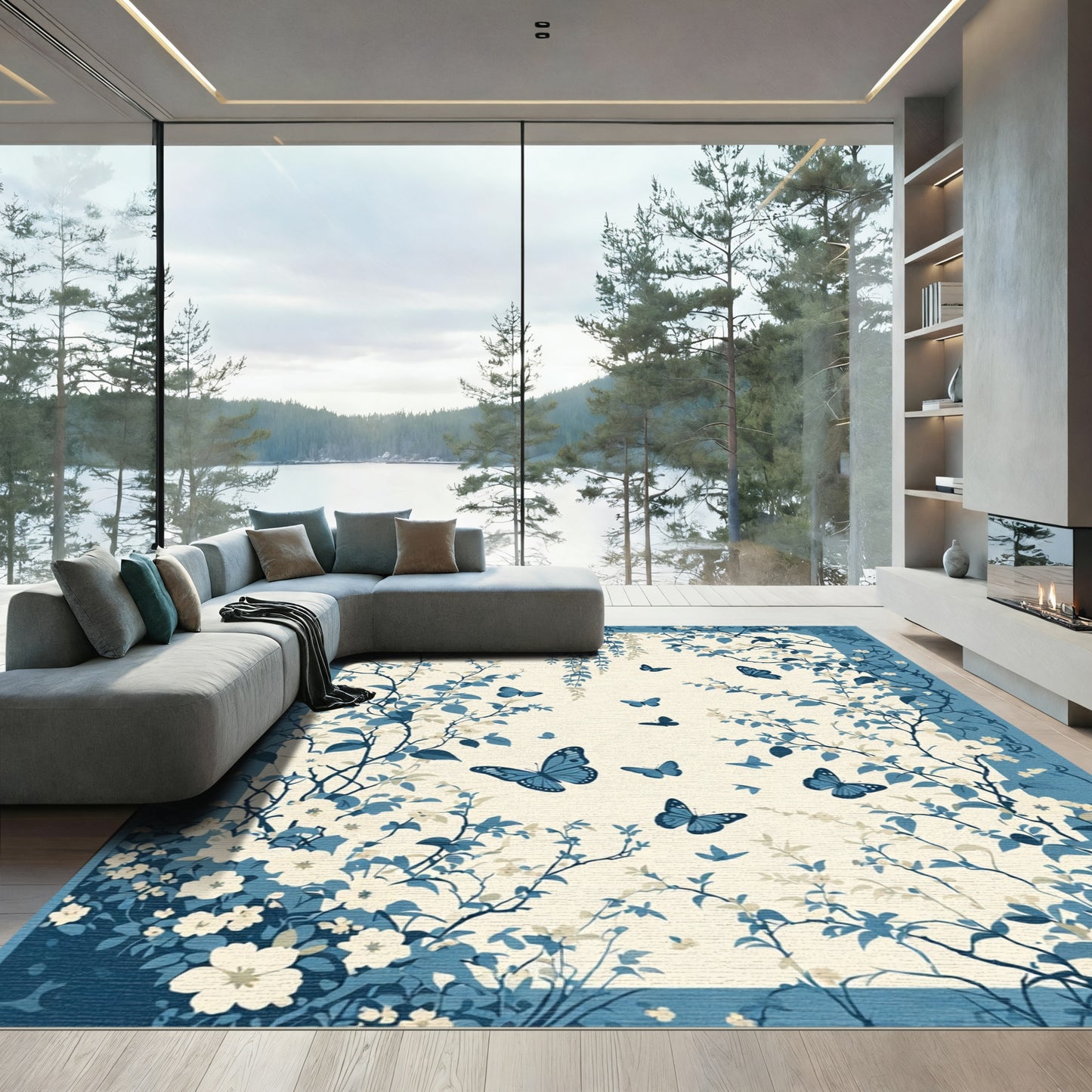 Blue Floral Butterfly Garden Scene Rug