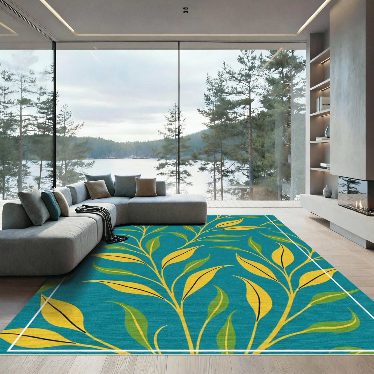 Teal Yellow Botanical Branching Foliage Rug