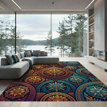 Vibrant Ornate Sunburst Geometric Mandala Rug