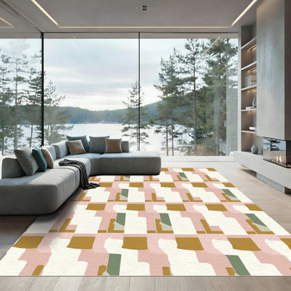 Abstract Pink Mustard Geometric Block Rug