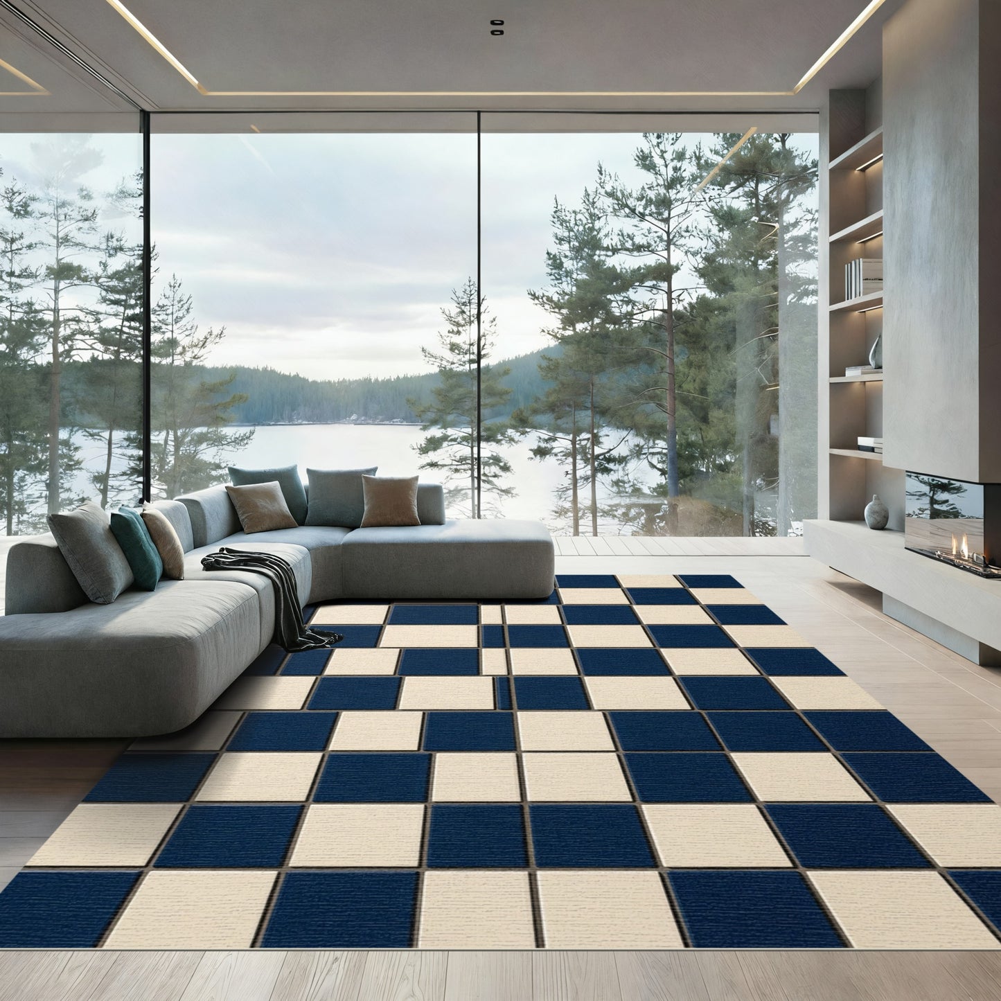 Bold Navy and Cream Geometric Grid Rug