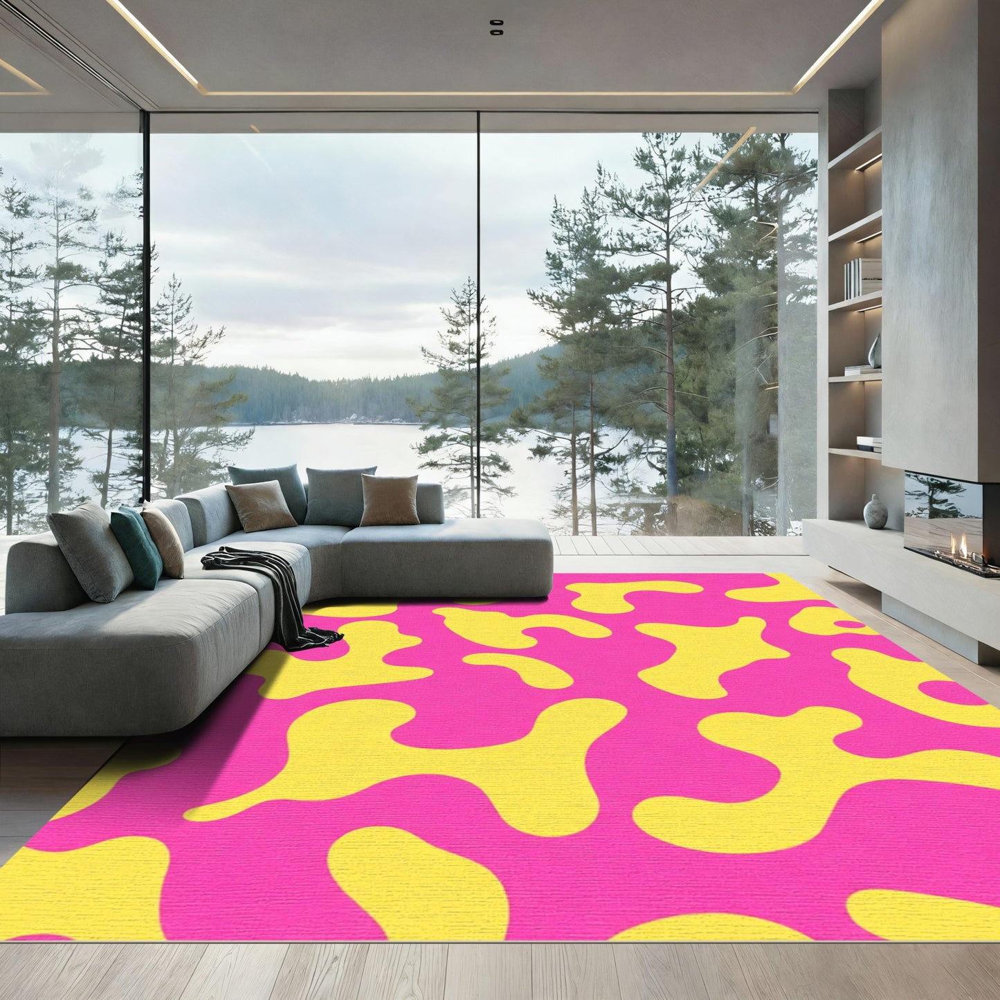 Vibrant Yellow Amoeba Pink Background Rug