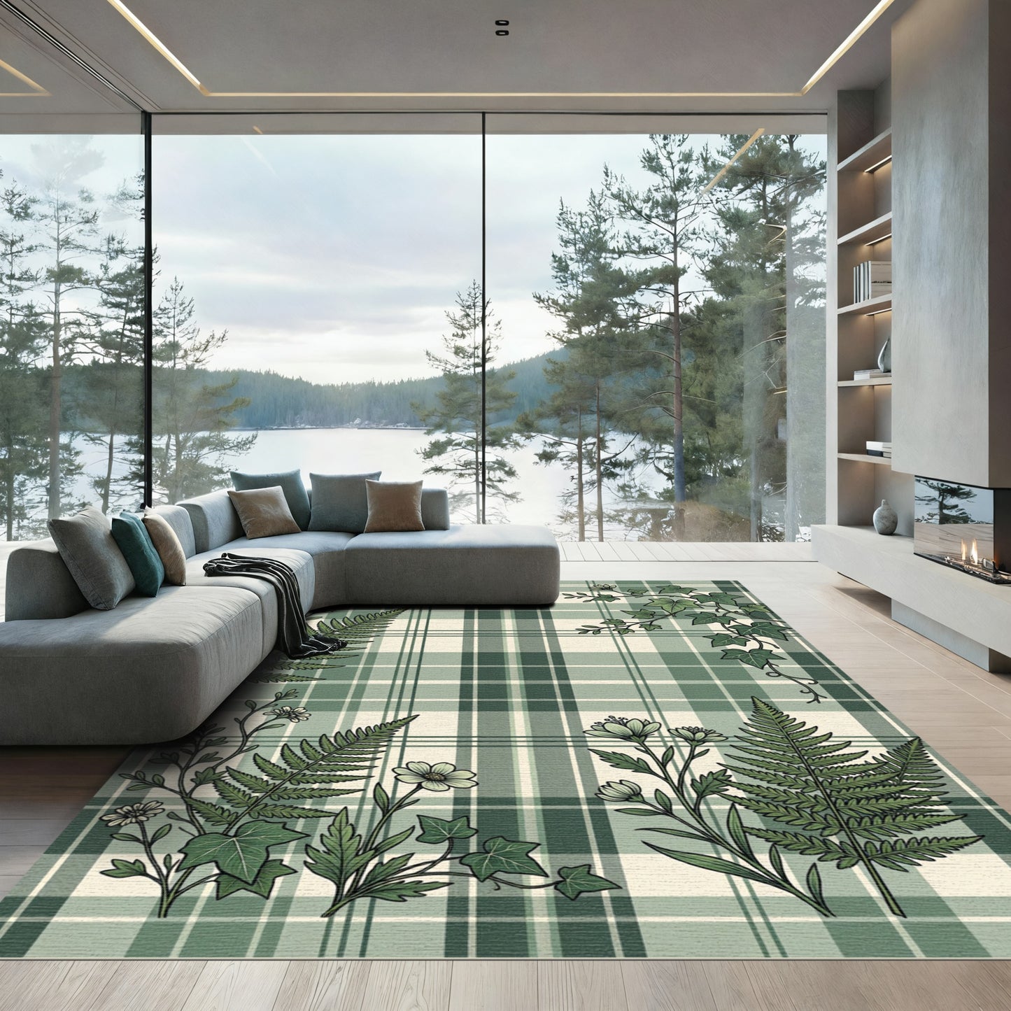 Sage Botanical Fern and Ivy Plaid Rug