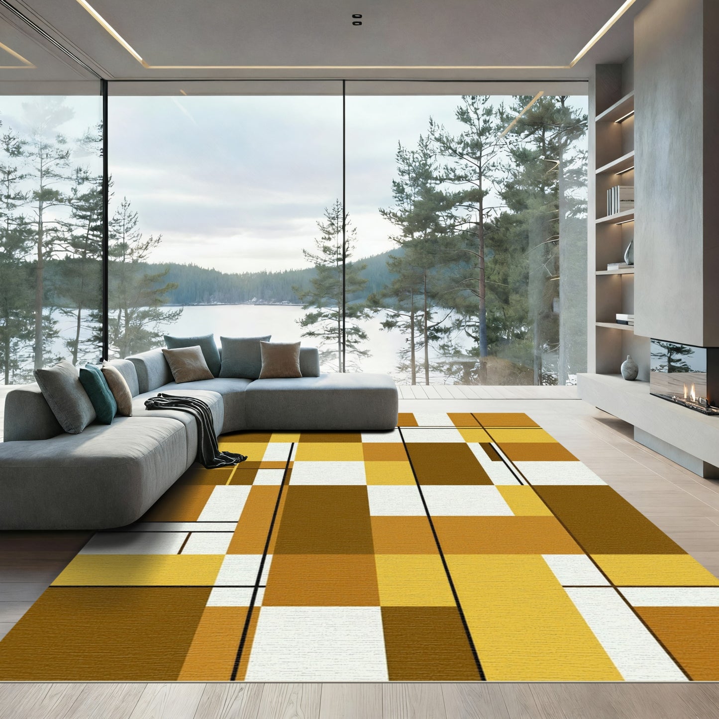 Modern Geometric Ochre and Brown Grid Rug