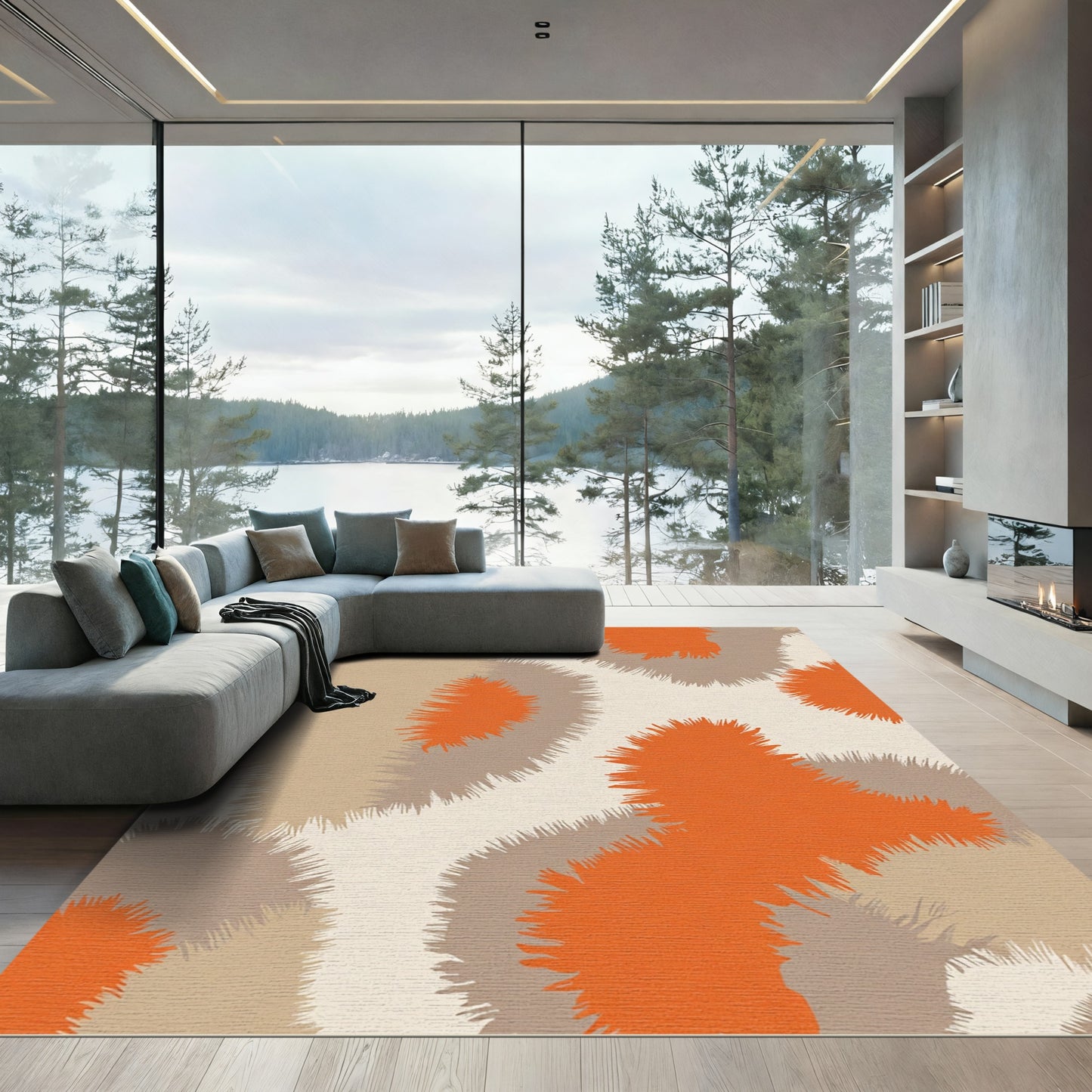 Orange Tan Gray Abstract Brushstroke Rug