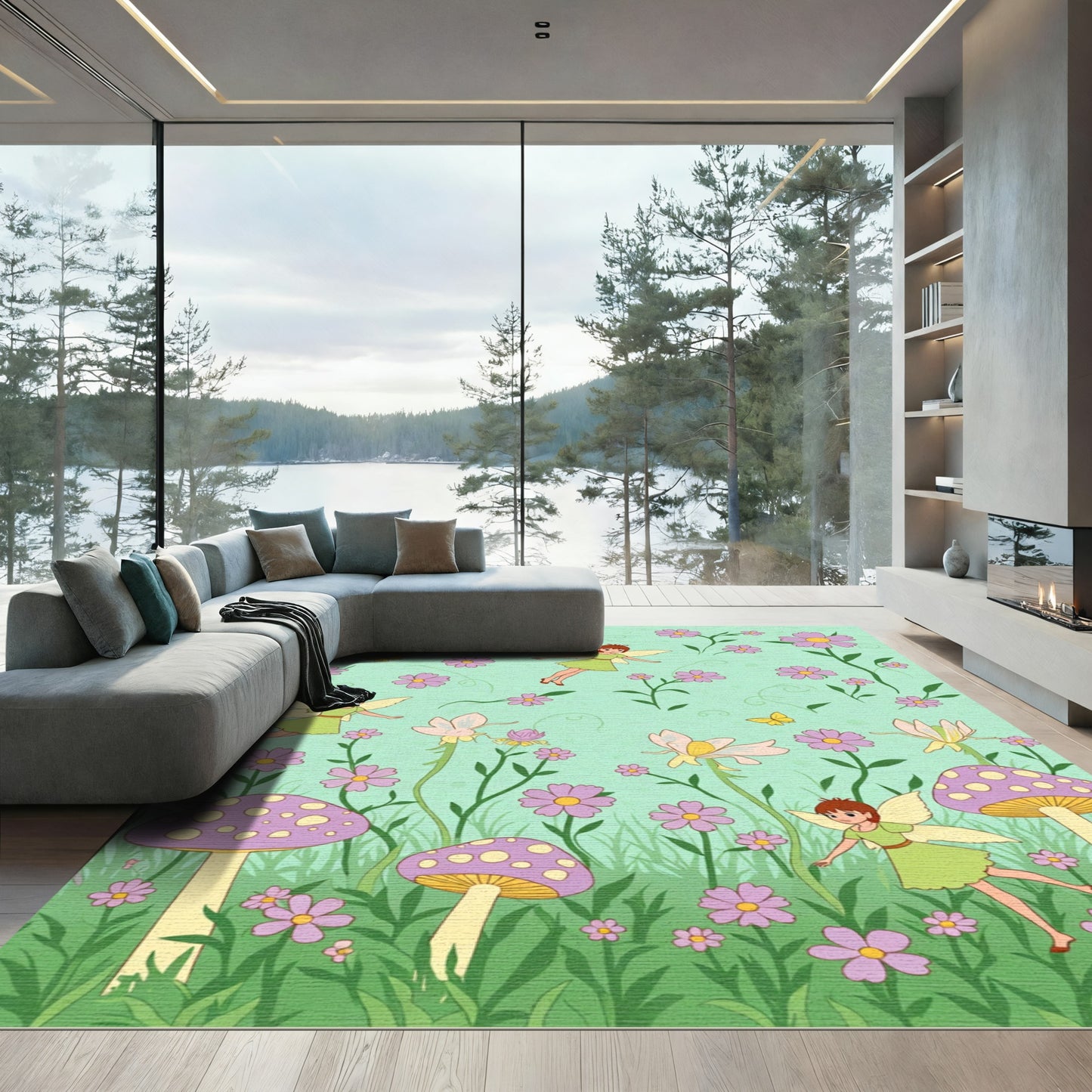 Whimsical Fairy Garden with Purple Flowers Rug