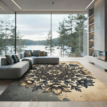 Elegant Vintage Charcoal Floral Medallion Rug