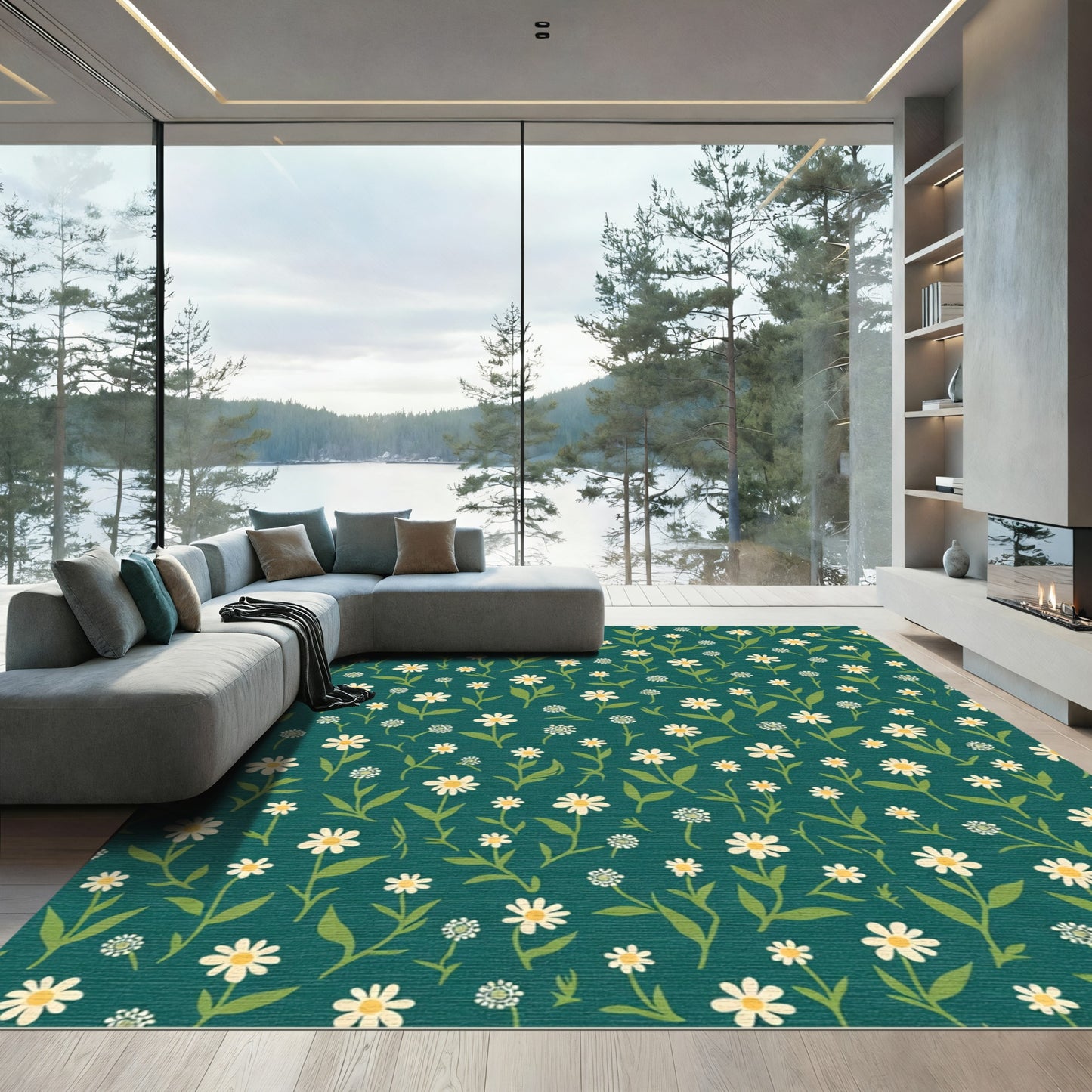 Teal White Daisy Garden Meadow Rug