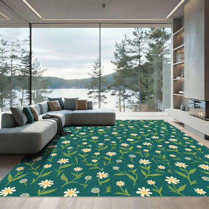 Teal White Daisy Garden Meadow Rug