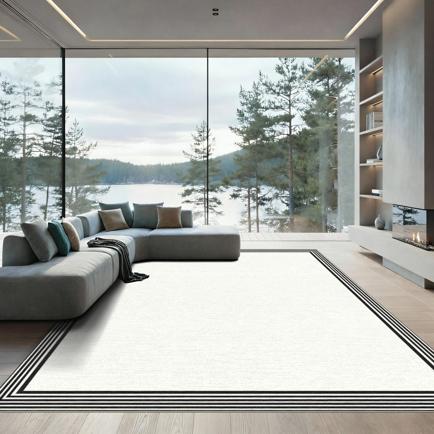 Black White Thin Striped Border Rug