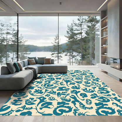 Teal Organic Floral Foliage Collage Rug