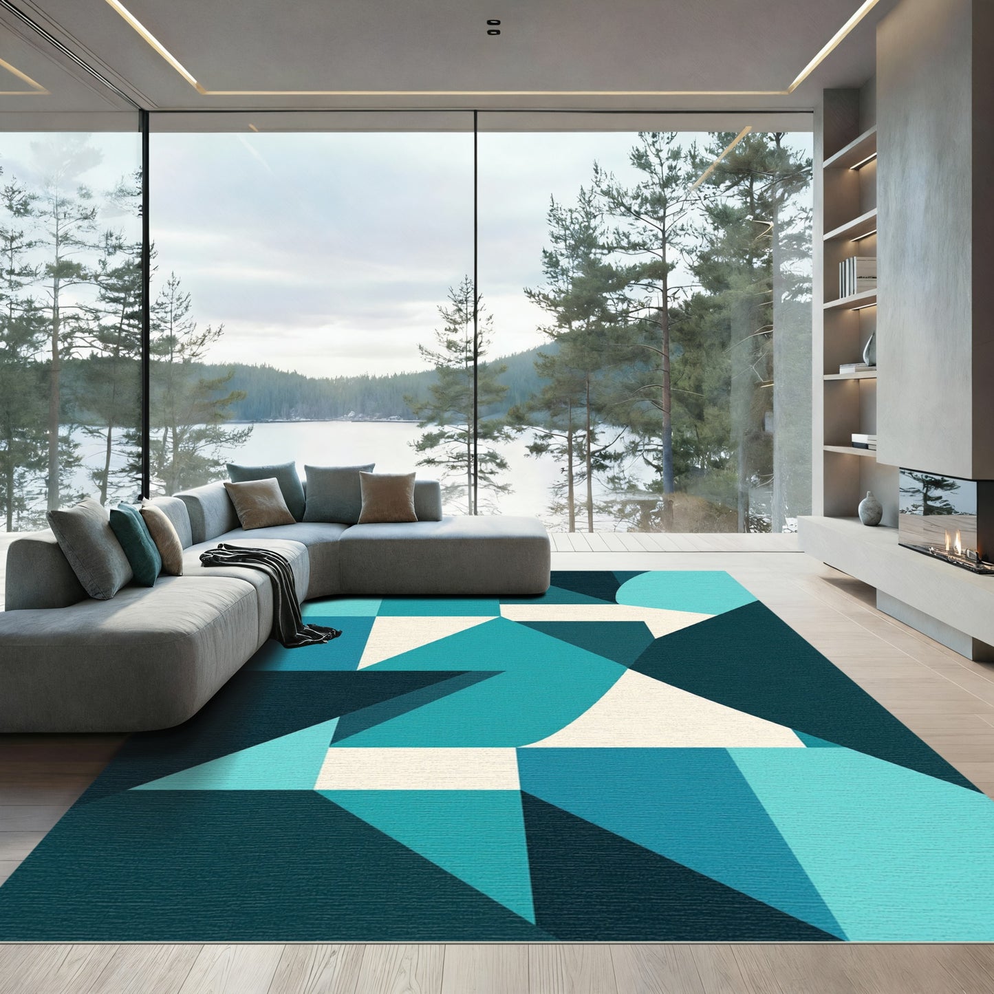 Modern Teal Geometric Abstract Art Rug