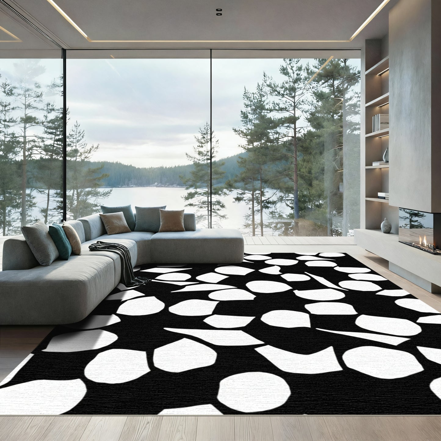 Abstract White Pebble Scatter Rug