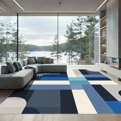 Modern Blue Geometric Color Block Rug