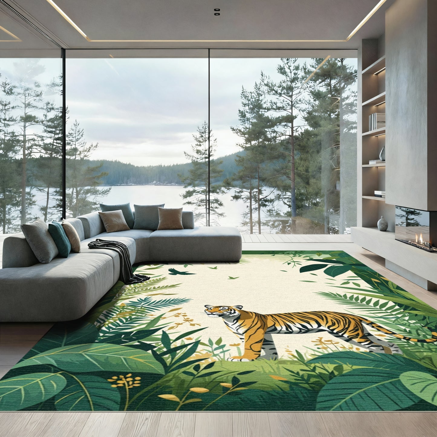 Vibrant Tiger Jungle Lush Foliage Rug