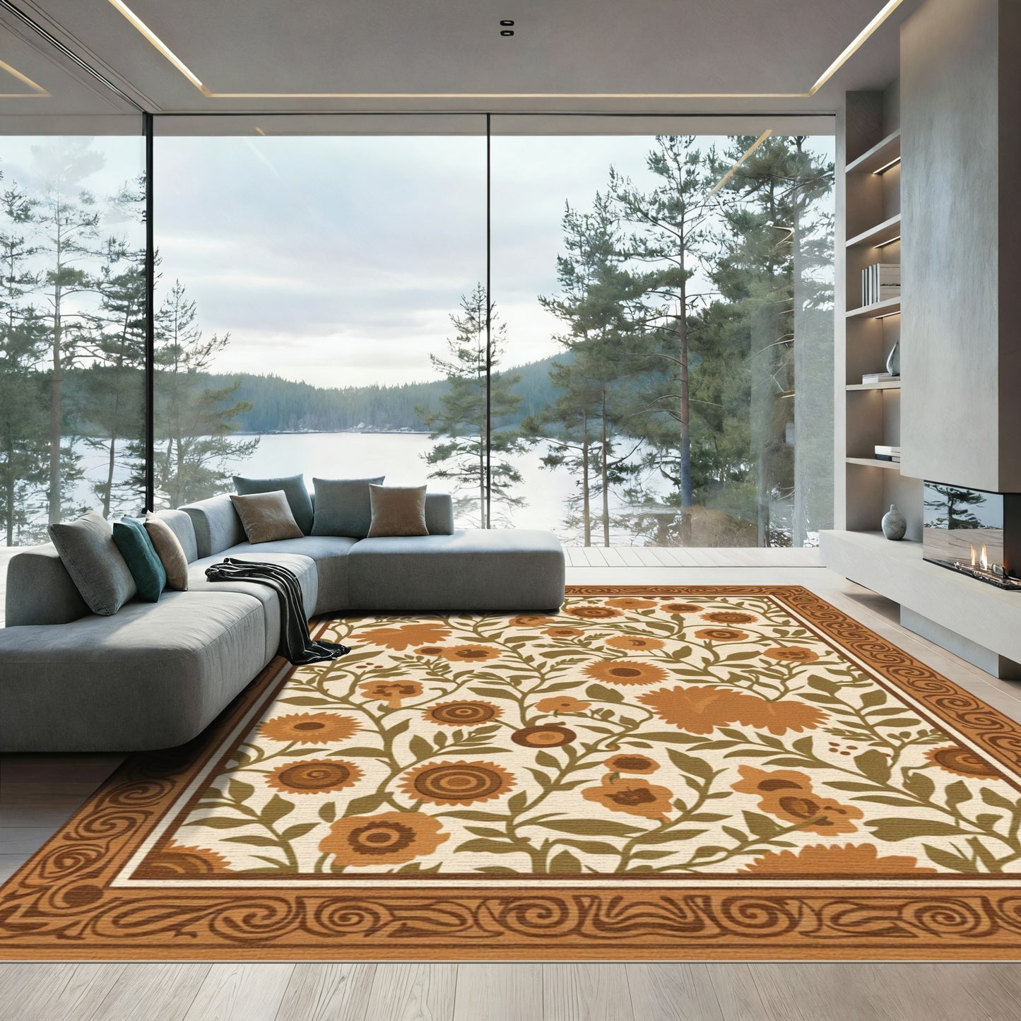 Earthy Brown Floral Vine Border Rug