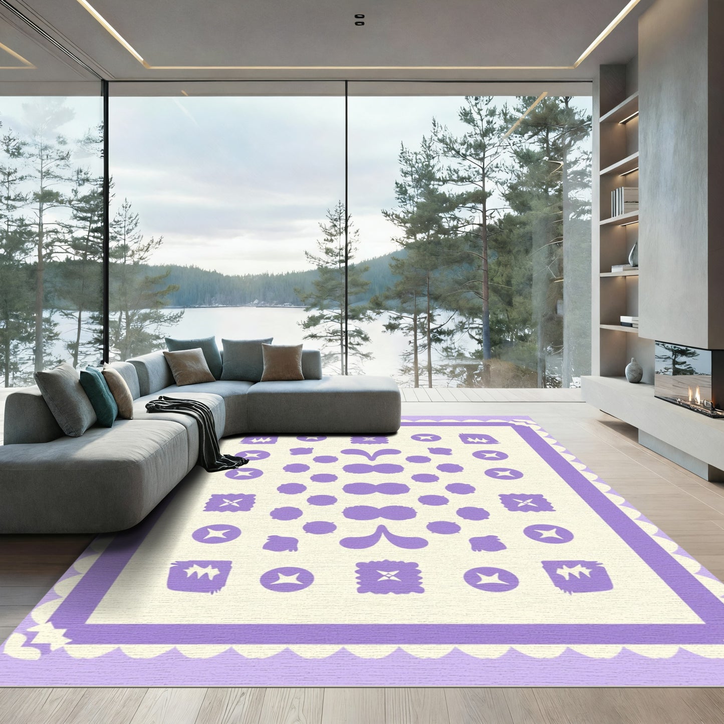 Lilac Abstract Shapes Bordered Rug