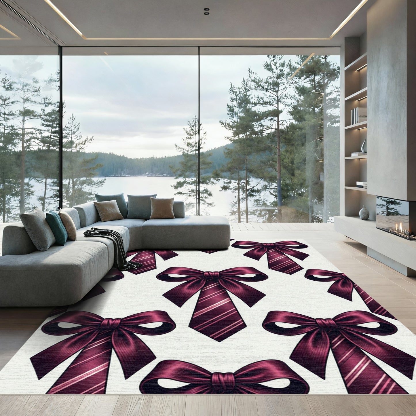 Elegant Burgundy Ribbon Tie Seamless Grid Rug