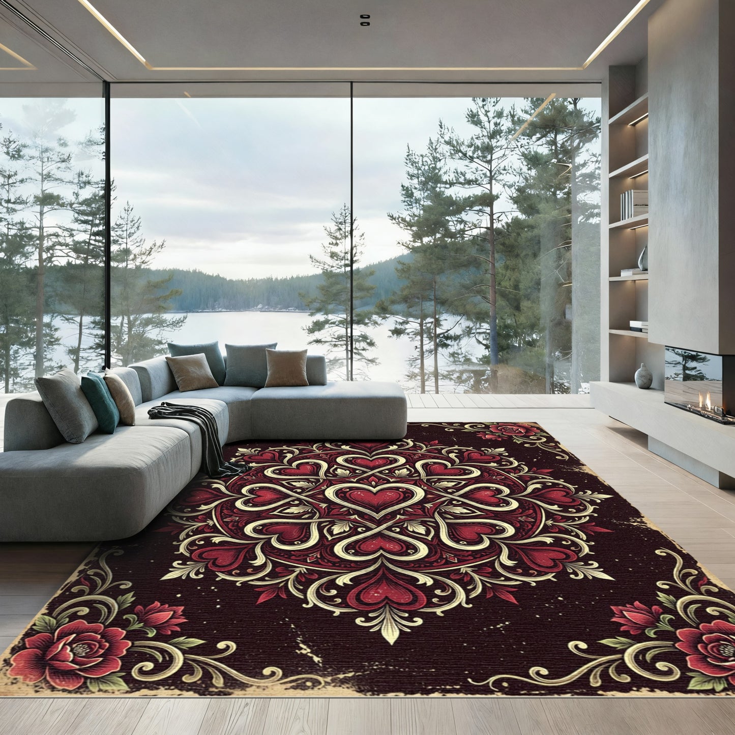 Ornate Crimson Heart Damask Medallion Rug