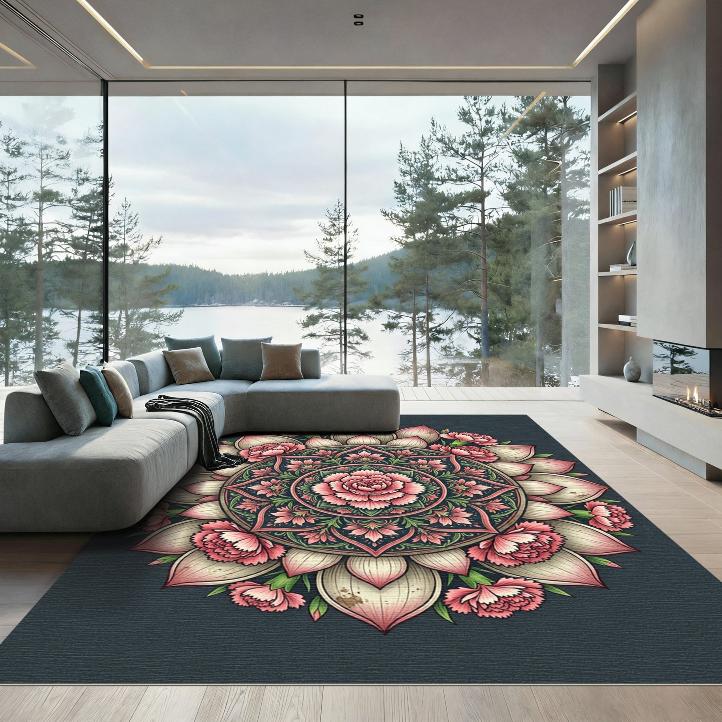 Blush Pink Lotus Floral Mandala Round Rug