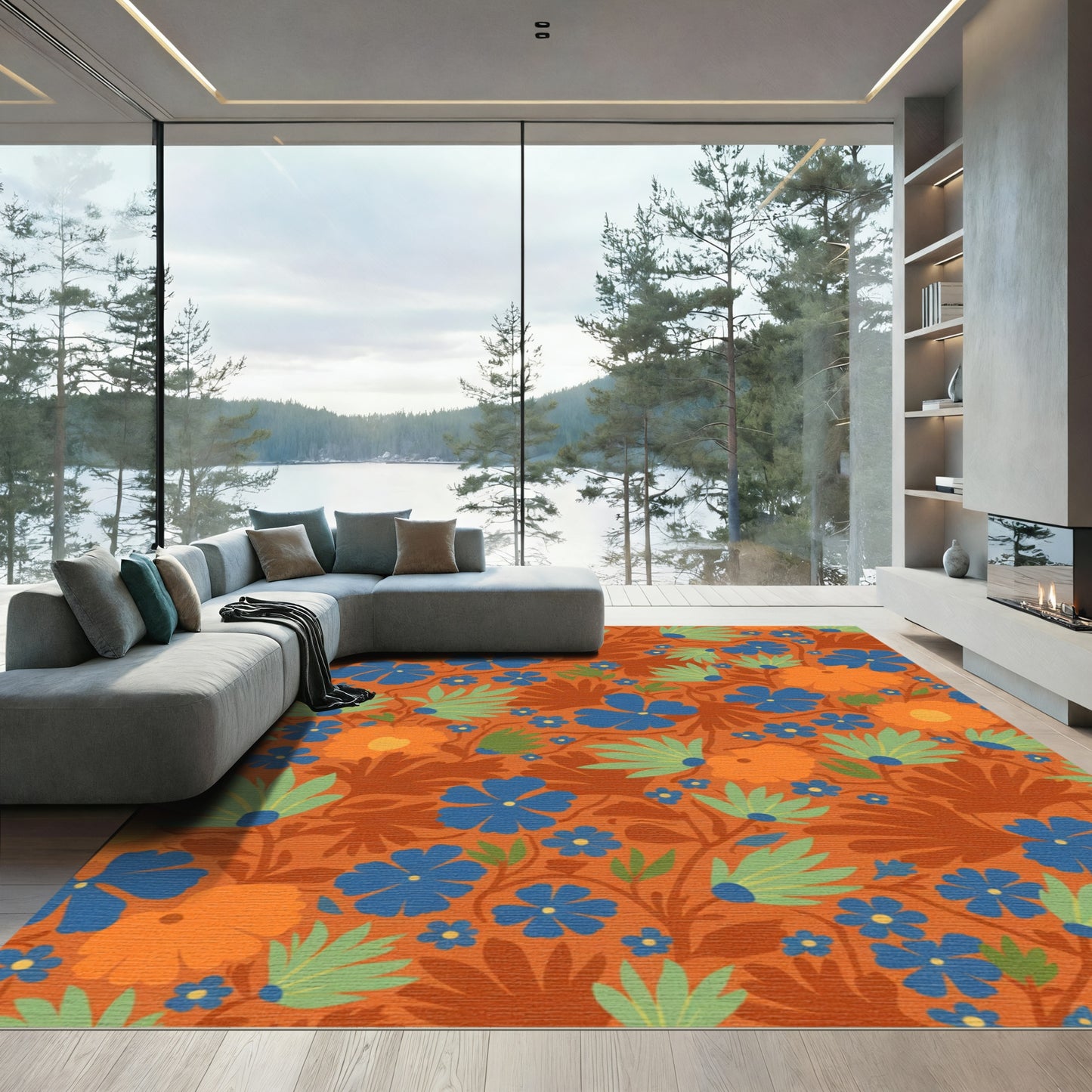 Orange Blue Green Botanical Floral Rug