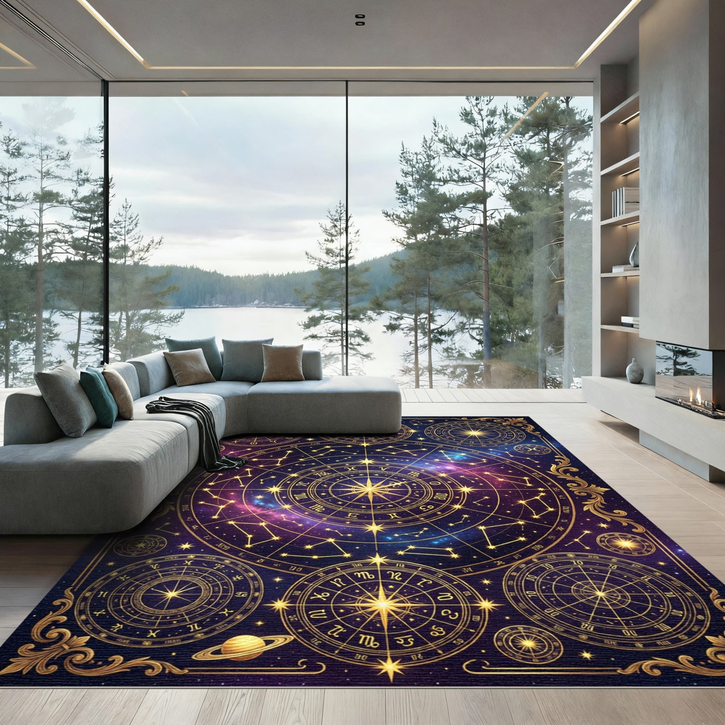Golden Celestial Zodiac Constellation Map Rug