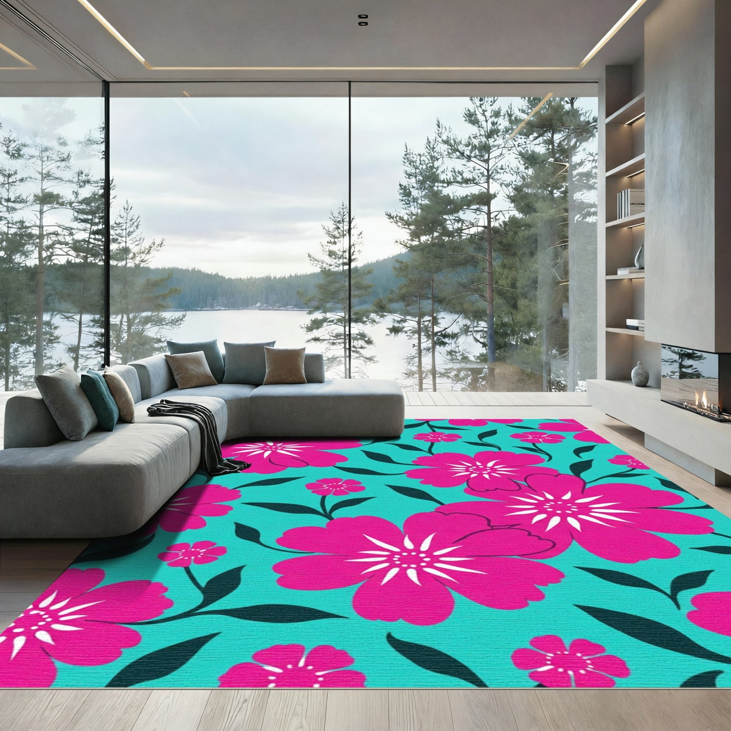 Vibrant Pink Flower Garden Teal Rug