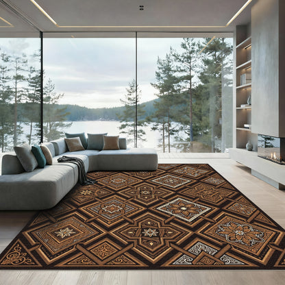 Ornate Brown Geometric Medallion Repeat Rug