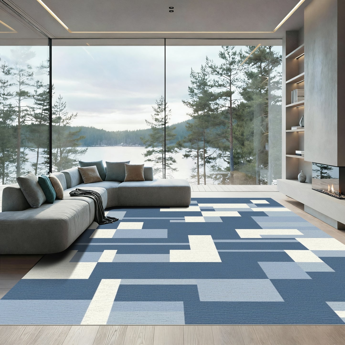 Shades Blue Geometric Pixel Arrangement Rug