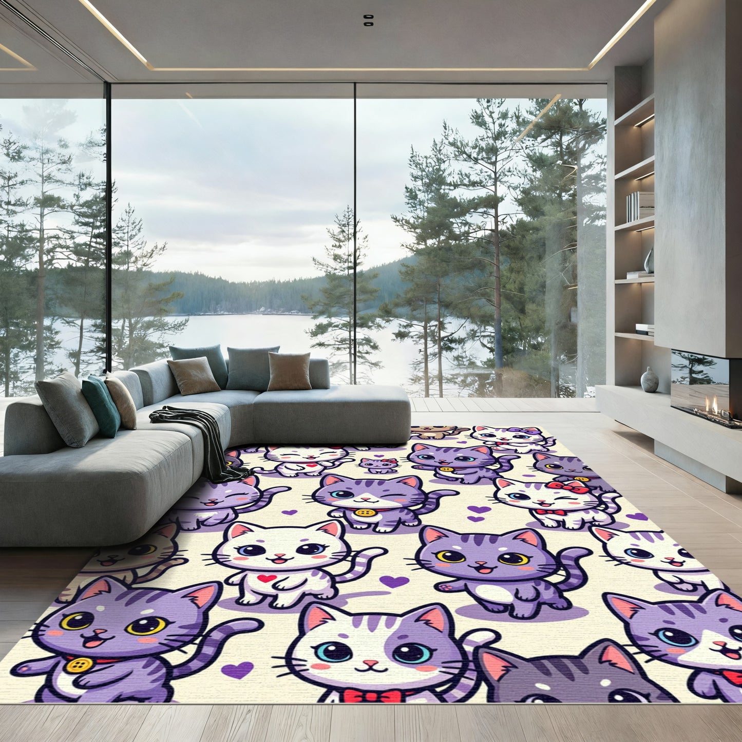Whimsical Purple Kitten Heart Motif Rug