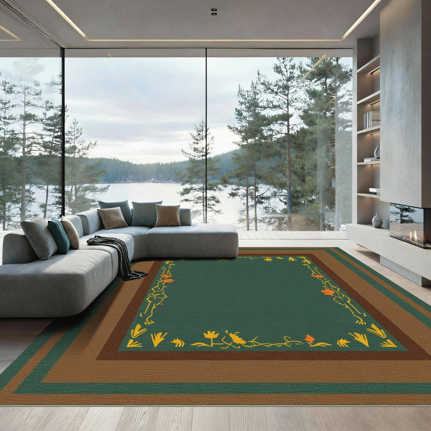 Earthy Tone Floral Vine Geometric Rug