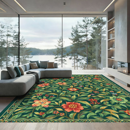 Rich Emerald Verdant Floral Tapestry Rug