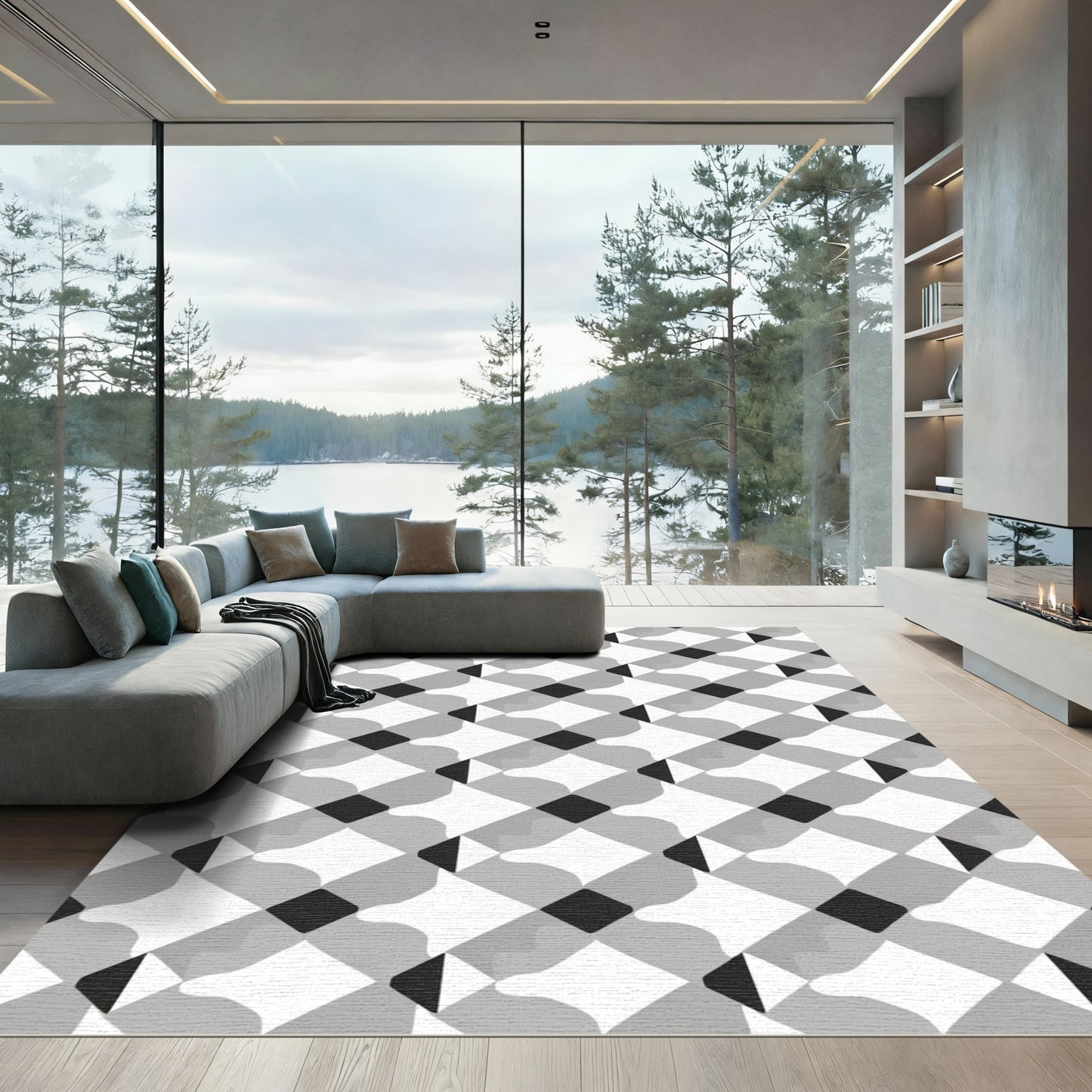 Monochromatic Diamond Weave Interlocking Shapes Rug