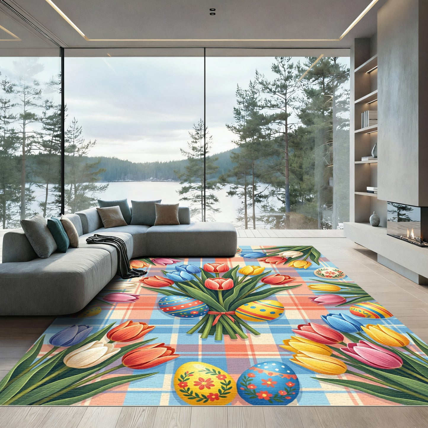 Vibrant Easter Tulip Plaid Bouquet Rug