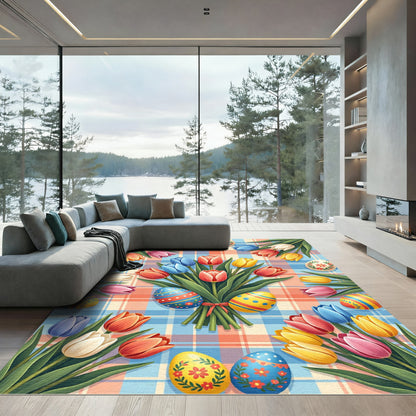 Vibrant Easter Tulip Plaid Bouquet Rug