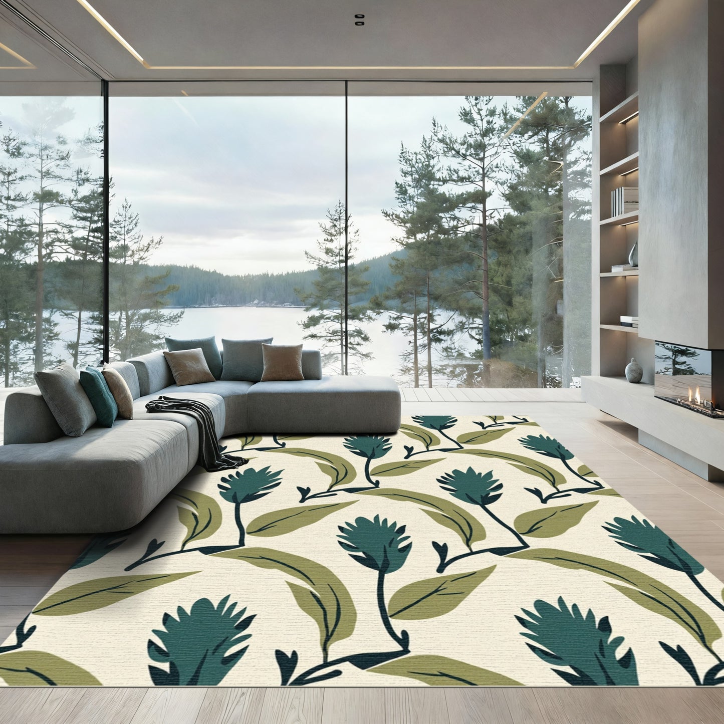 Deep Teal Botanical Leaf Arrangement Rug