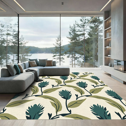 Deep Teal Botanical Leaf Arrangement Rug