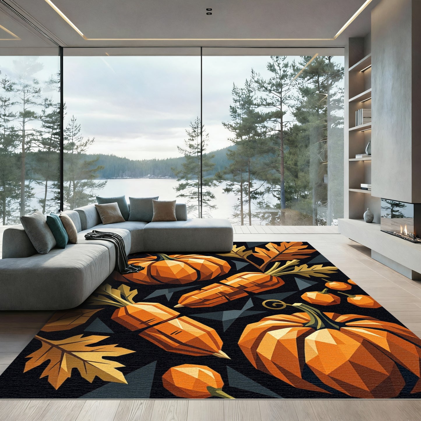 Geometric Autumn Pumpkin and Leaf Art Rug