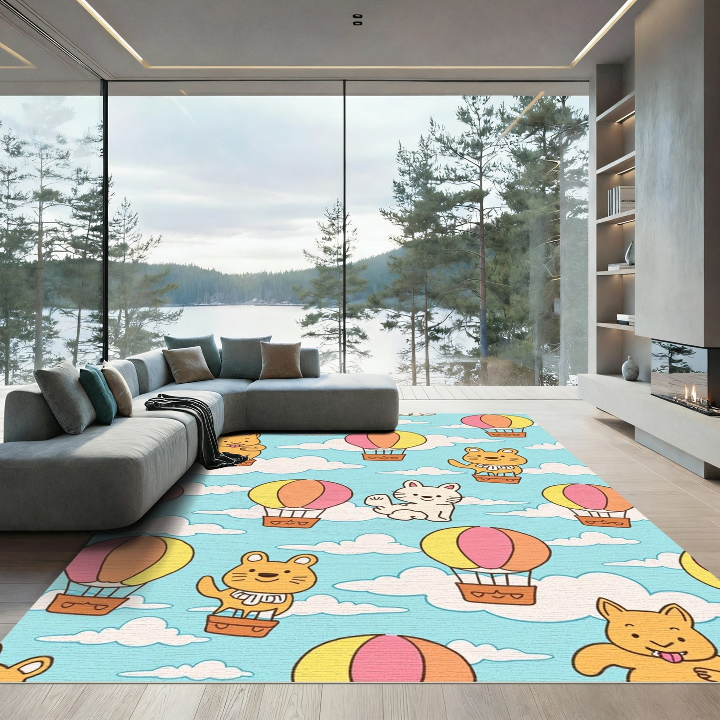Cute Cats Hot Air Balloon Sky Adventure Rug