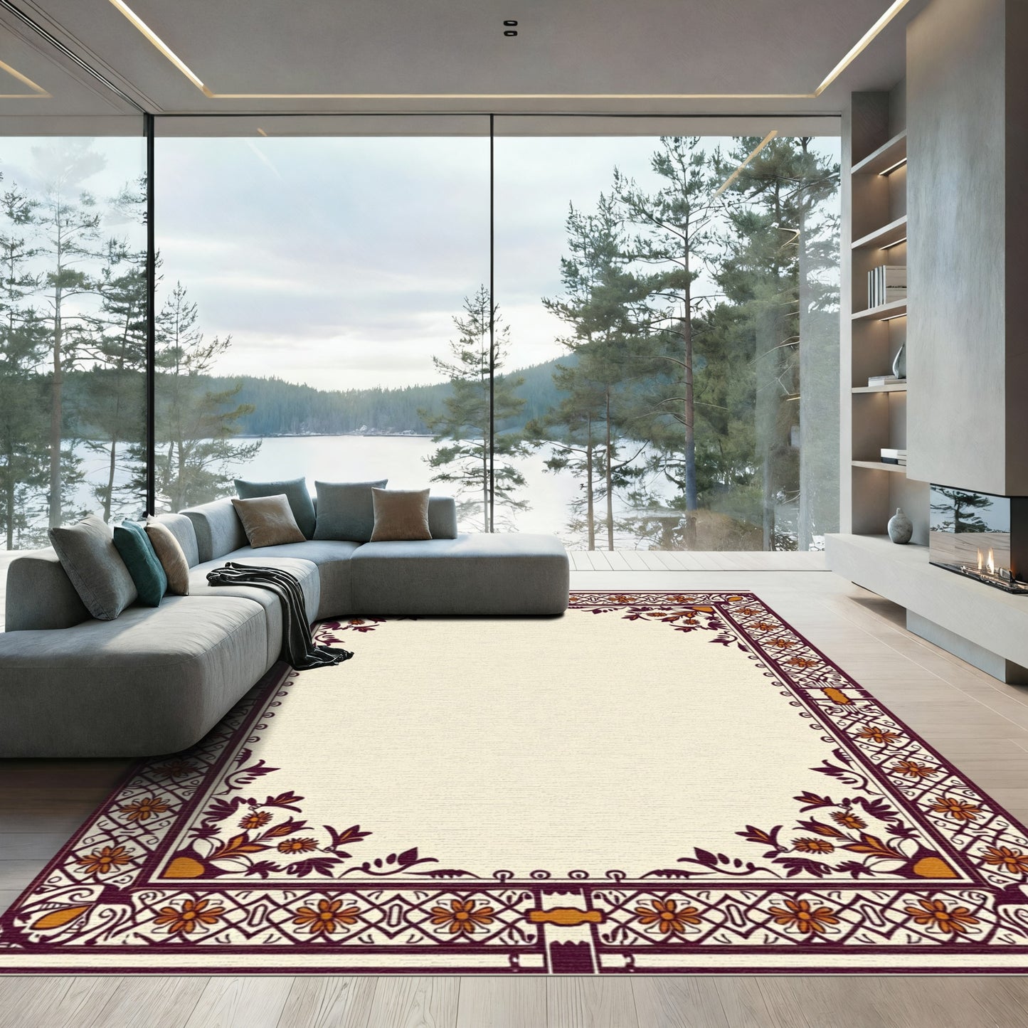 Deep Crimson Floral Border Frame Rug