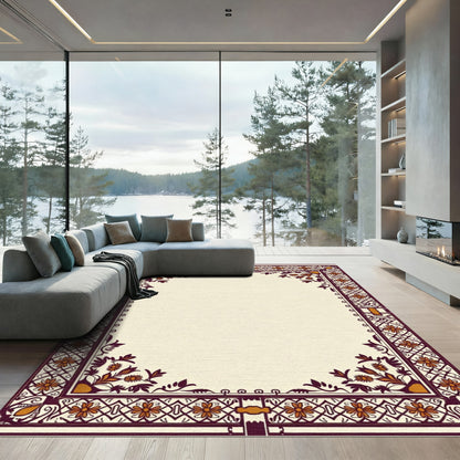 Deep Crimson Floral Border Frame Rug