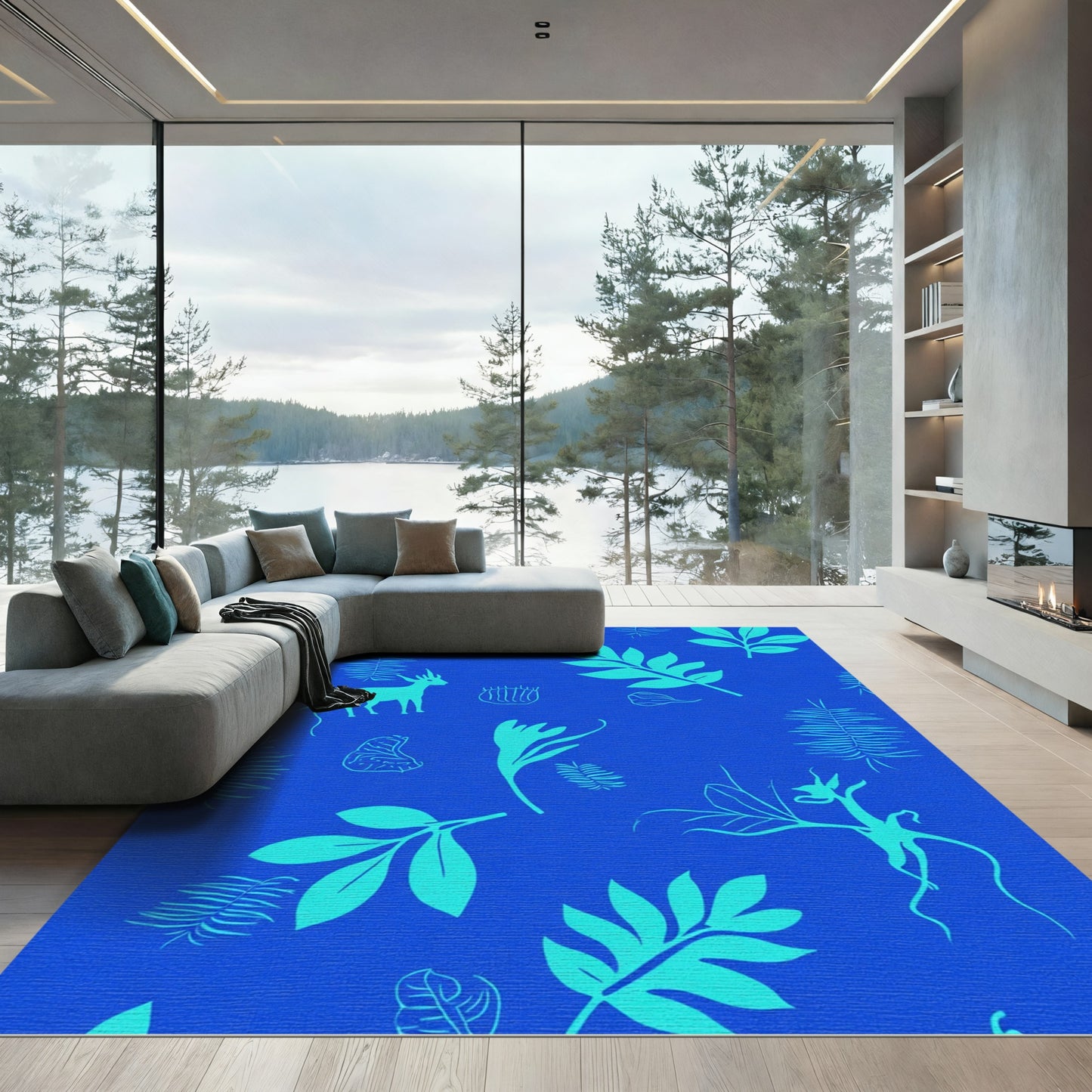 Turquoise Fauna Leafy Blue Composition Rug