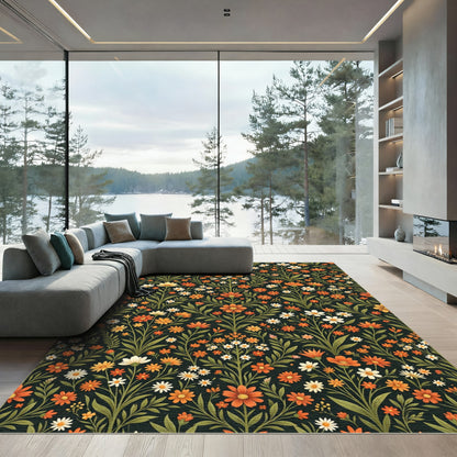 Vibrant Orange Floral Meadow Repeat Rug