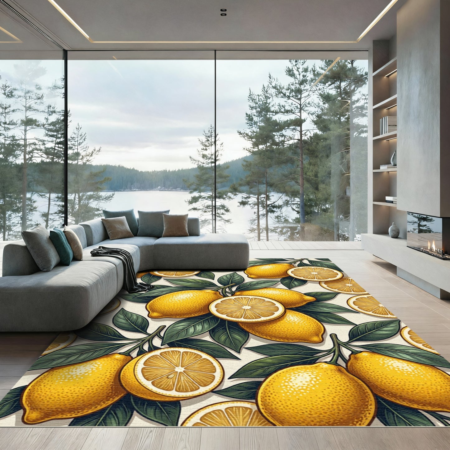 Lush Bright Yellow Lemon Citrus Grove Rug