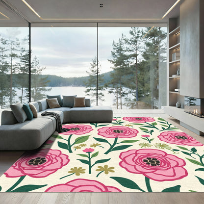 Lush Pink Peony Garden Cream Rug