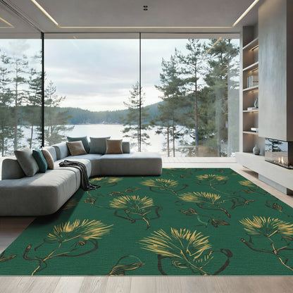 Golden Feathery Botanicals on Teal Rug