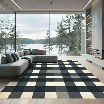 Earthy Charcoal Plaid Grid Rug