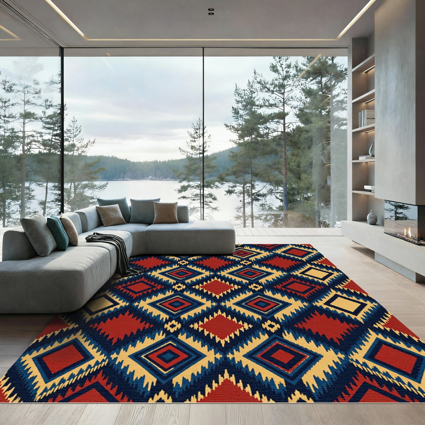 Bold Red Indigo Geometric Diamond Rug